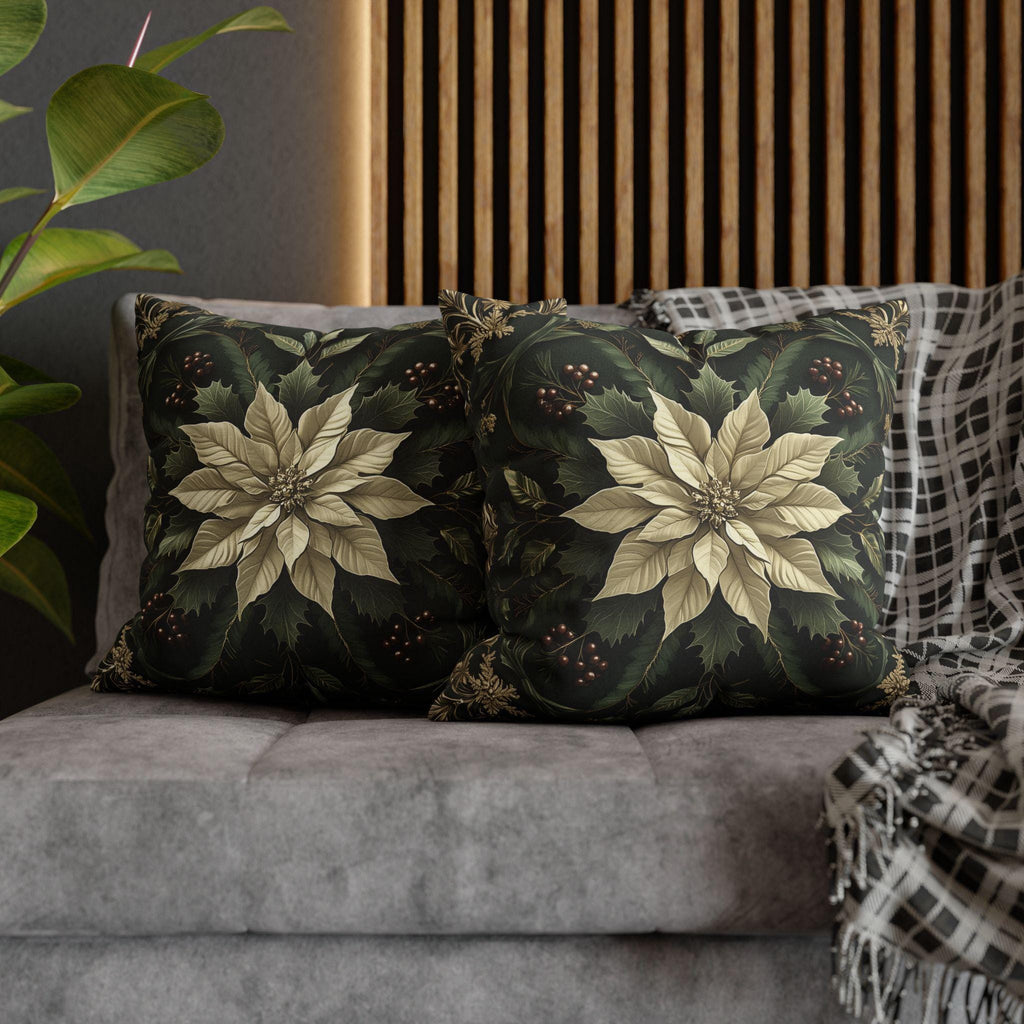 Festive Poinsettia Square Pillow Cover: Elegant Christmas Home Decor for Winter Comfort
