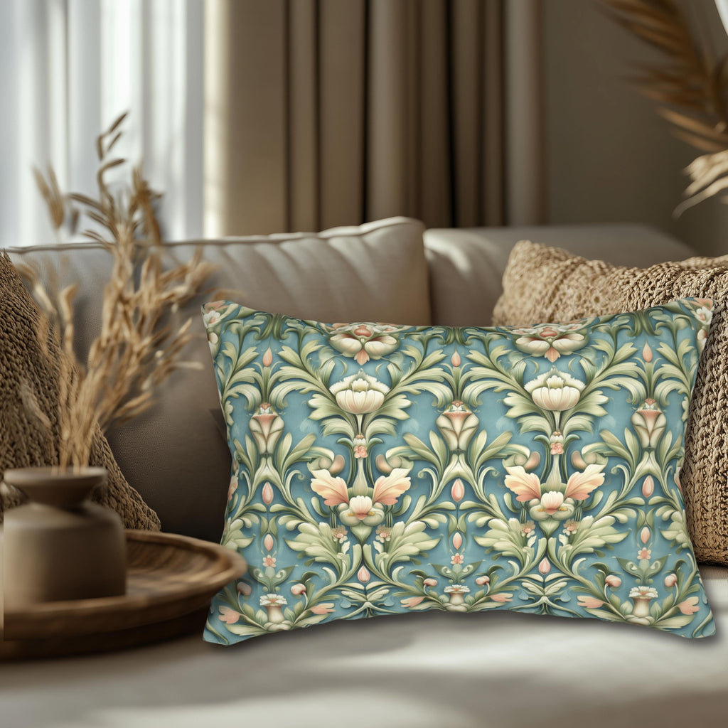 William Morris Lumbar Pillow: Teal Botanical Floral Cushion