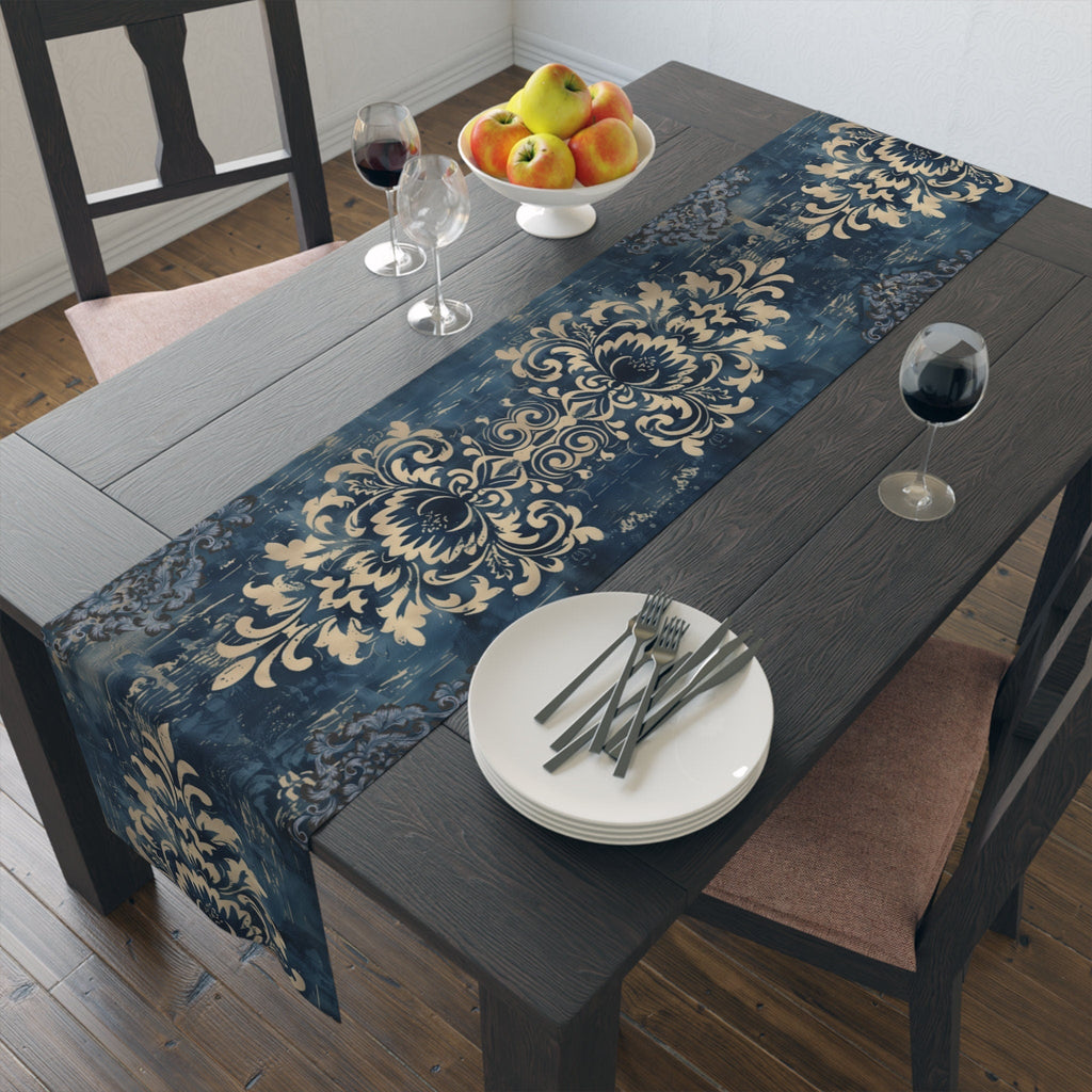 Navy Blue and Gold Damask Table Runner: Farmhouse Chic Decor