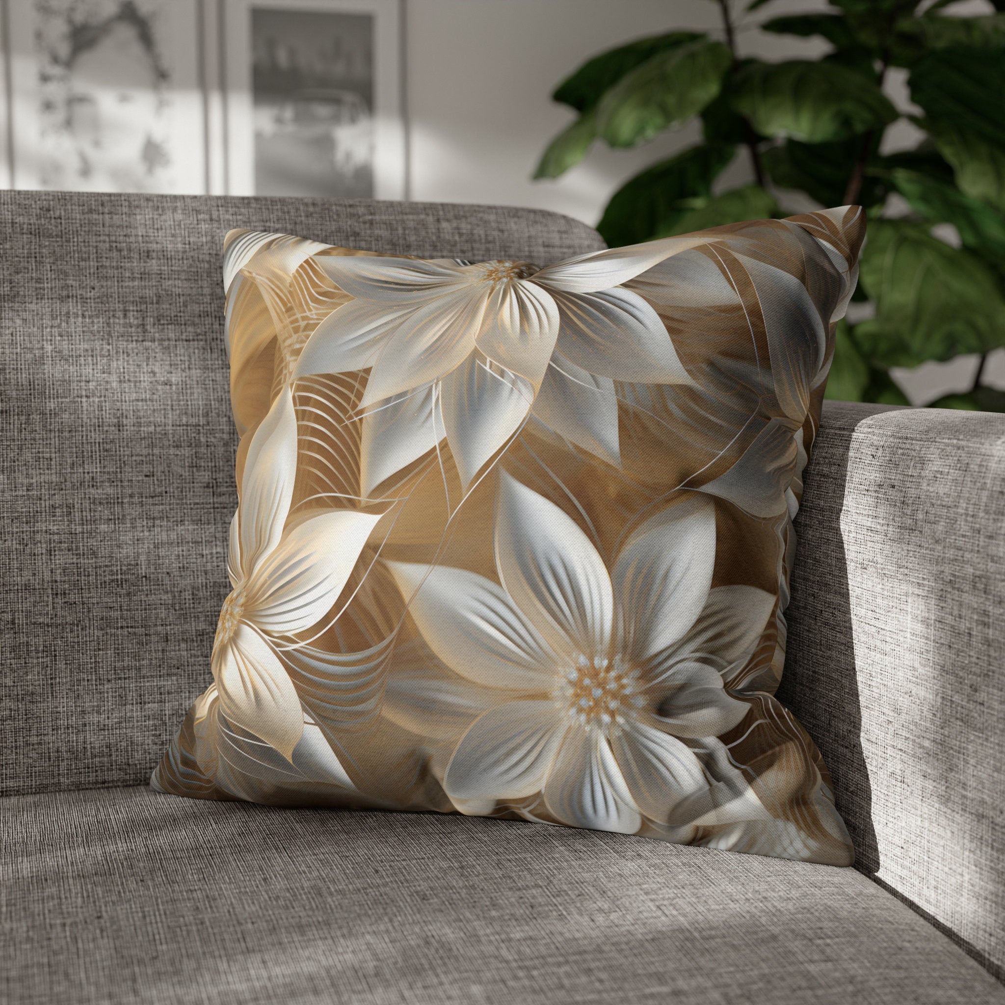 Elegant Winter Floral Pillow Cover: Pale Gold and Shimmery Silver