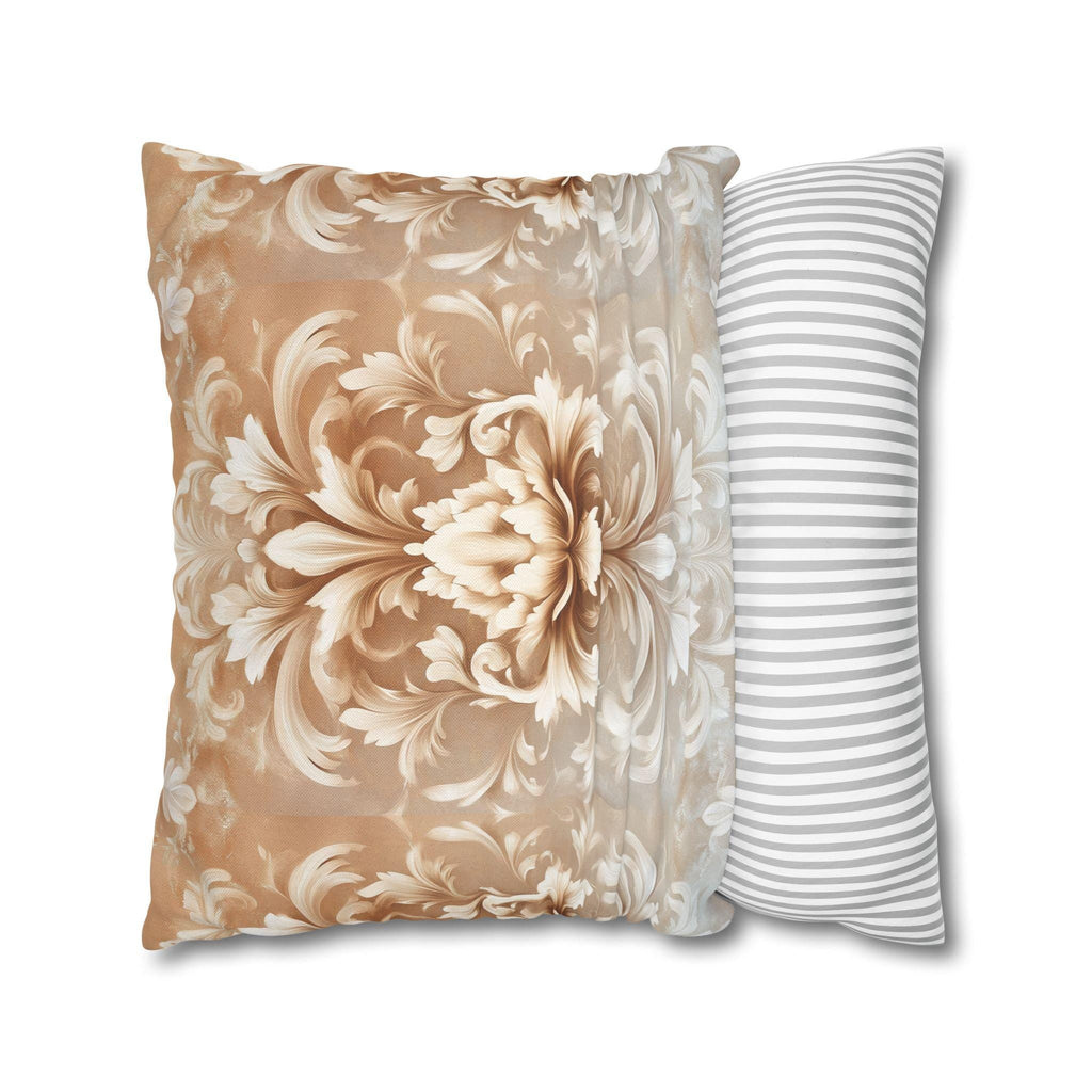 Luxurious Damask Floral Pillowcase: Ivory-Caramel Gradient Scrollwork Design, Elegant Soft Decor Accent