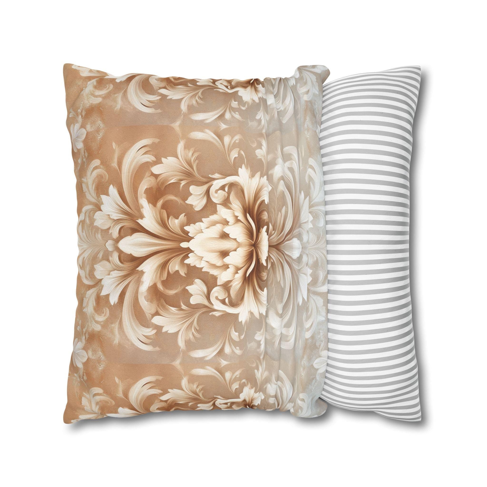 Luxurious Damask Floral Pillowcase: Ivory-Caramel Gradient Scrollwork Design, Elegant Soft Decor Accent
