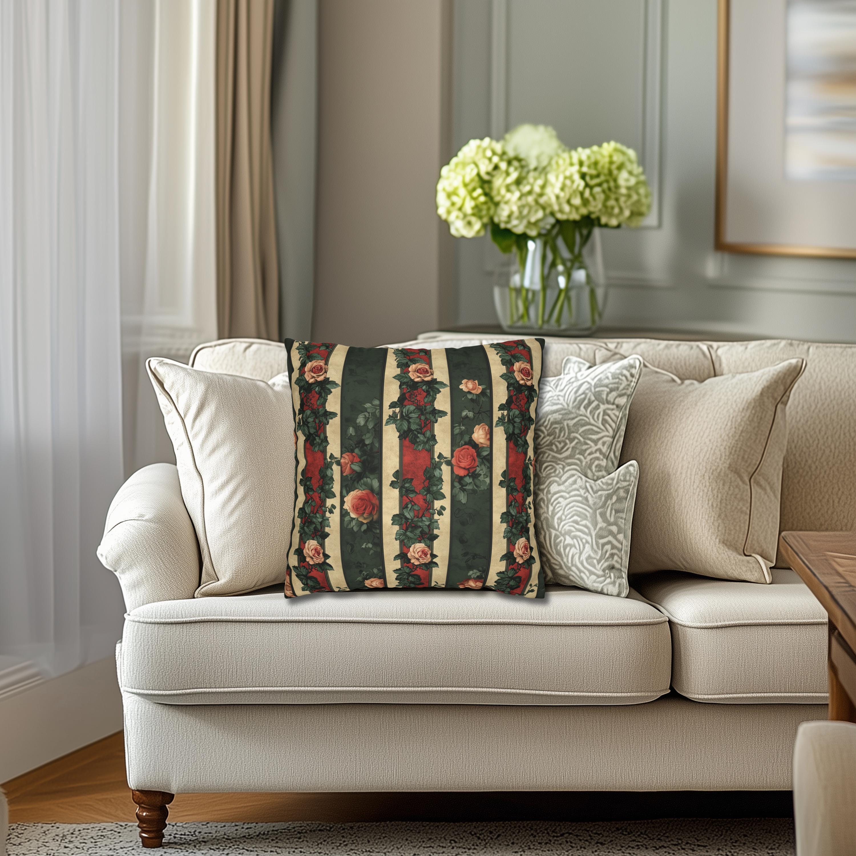 Stripes & Roses Throw Pillow Cover: Vintage Style Watercolor Look
