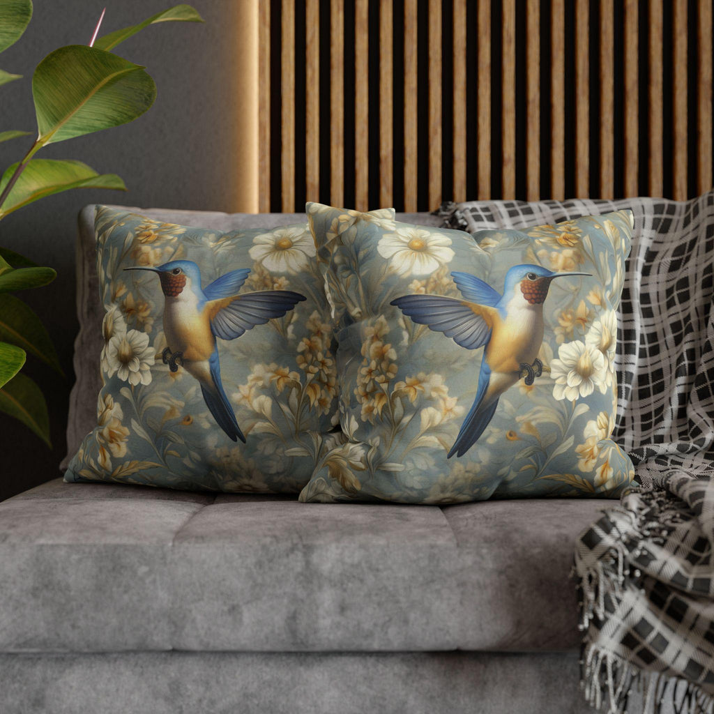 William Morris Hummingbird Pillow Cover: Blue & Gold Arts and Crafts Botanical Cushion Case