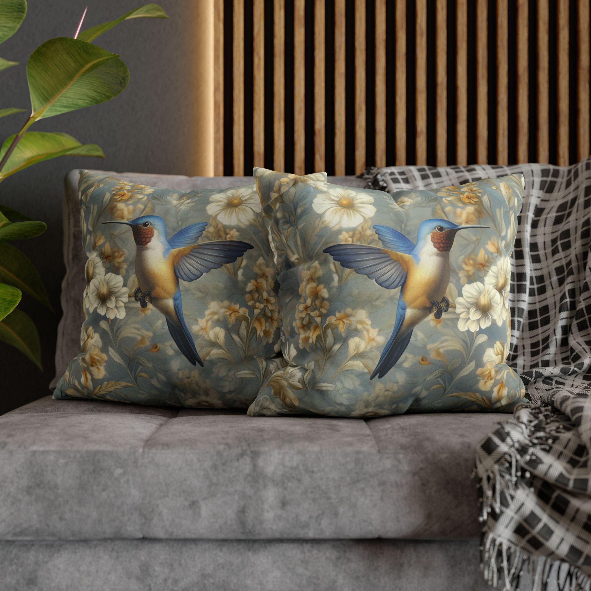 William Morris Hummingbird Pillow Cover: Blue & Gold Arts and Crafts Botanical Cushion Case