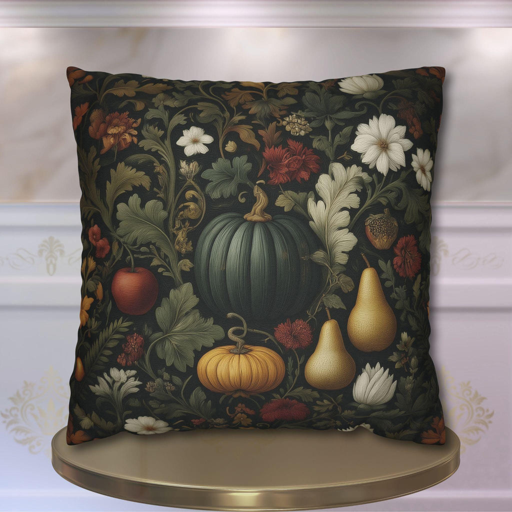 William Morris Inspired Pillow Cover: Midnight Harvest with Pumpkins, Pears & Florals