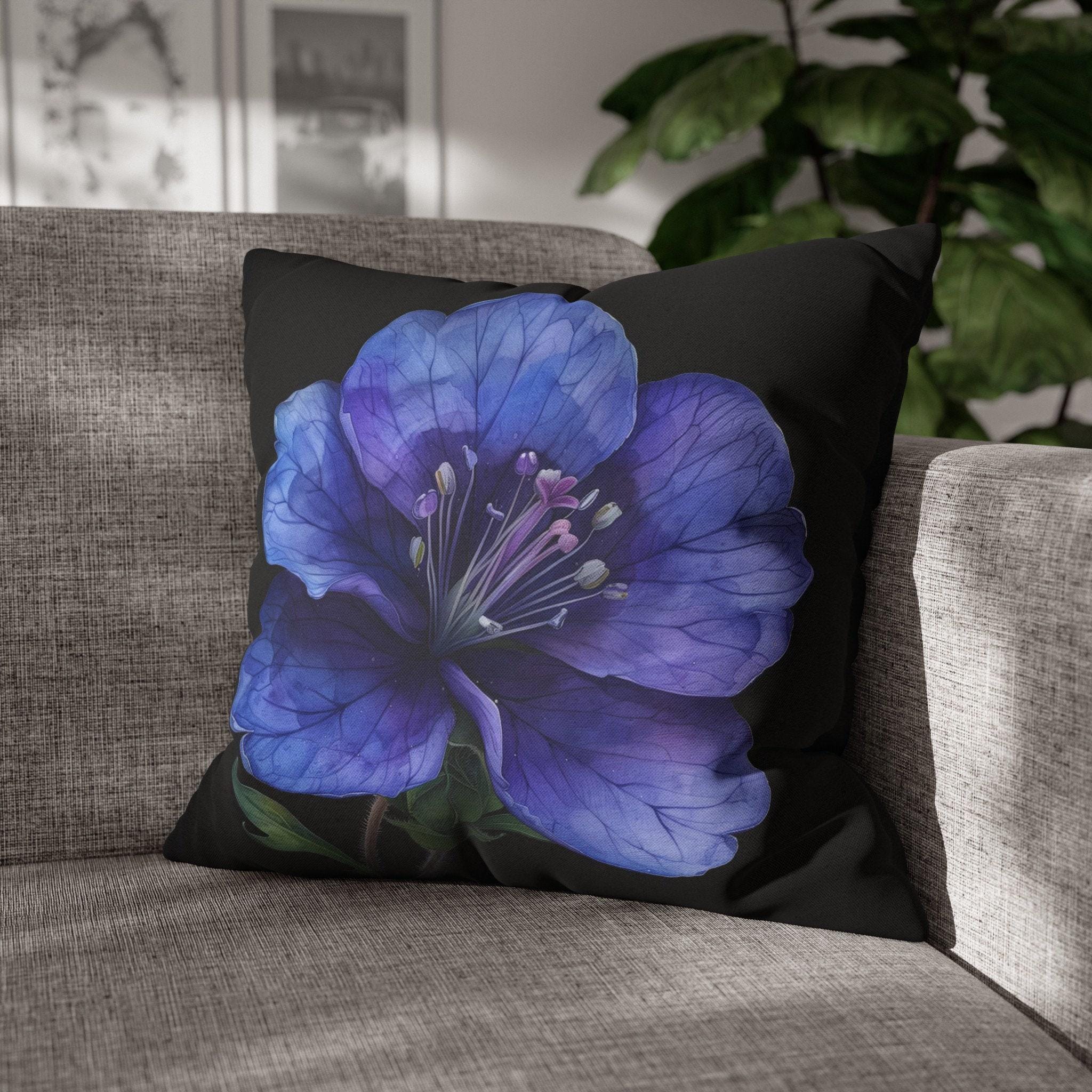 Anemone Pillow Cover: Detailed Floral Illustration, Black Background