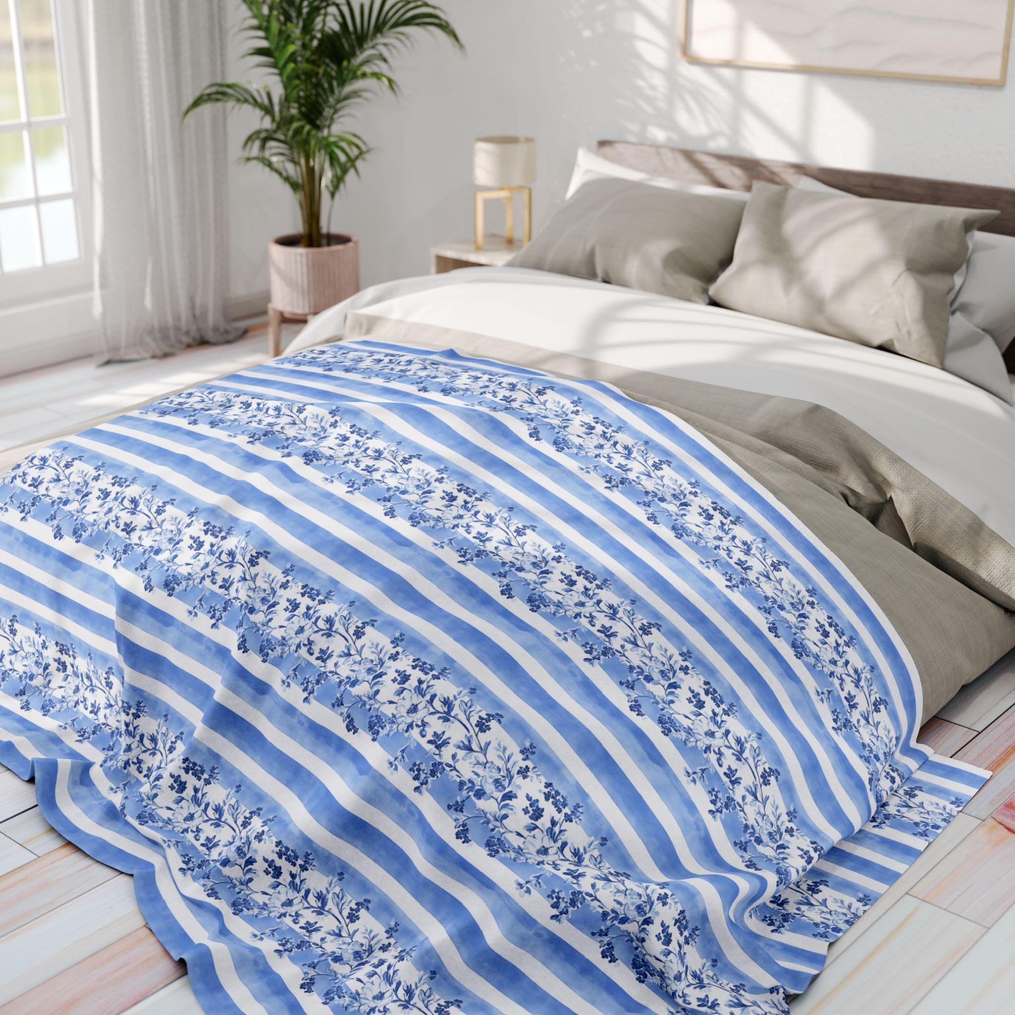 Fleece Throw Blanket: Blue and White Stripes (Reversible, Cozy Accent)