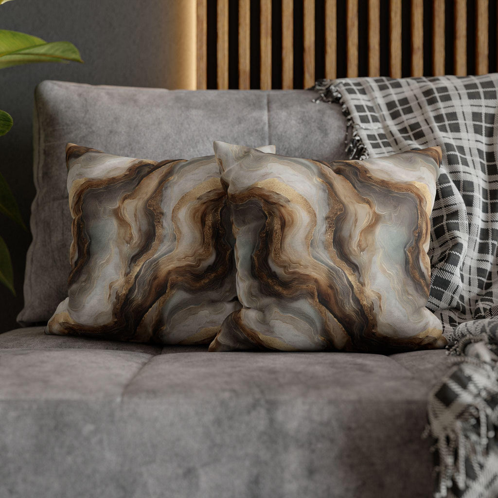 Modern Abstract Pillow Cover: Brown Marble Look with Gold Color Accents