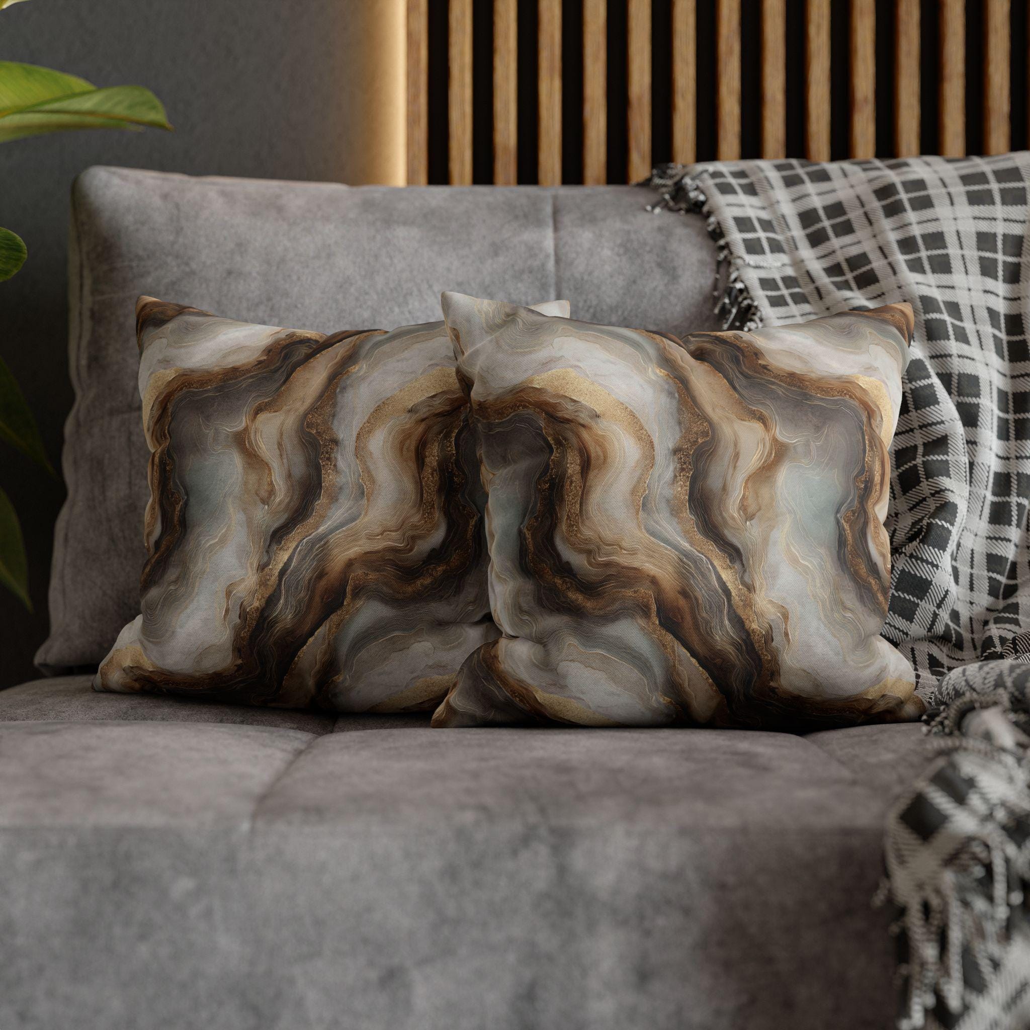 Modern Abstract Pillow Cover: Brown Marble Look with Gold Color Accents