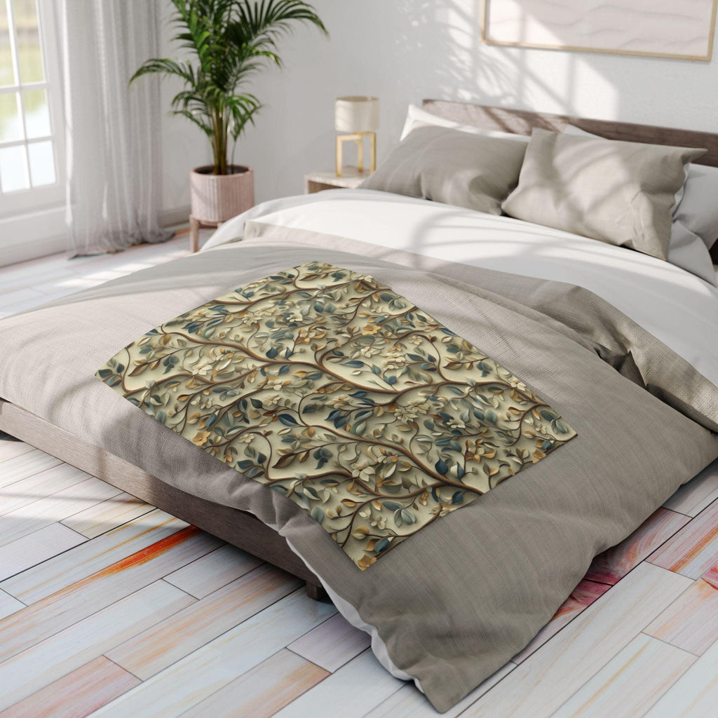 Botanical William Morris Inspired Fleece Blanket, Floral Green Gold White Beige Throw Blanket