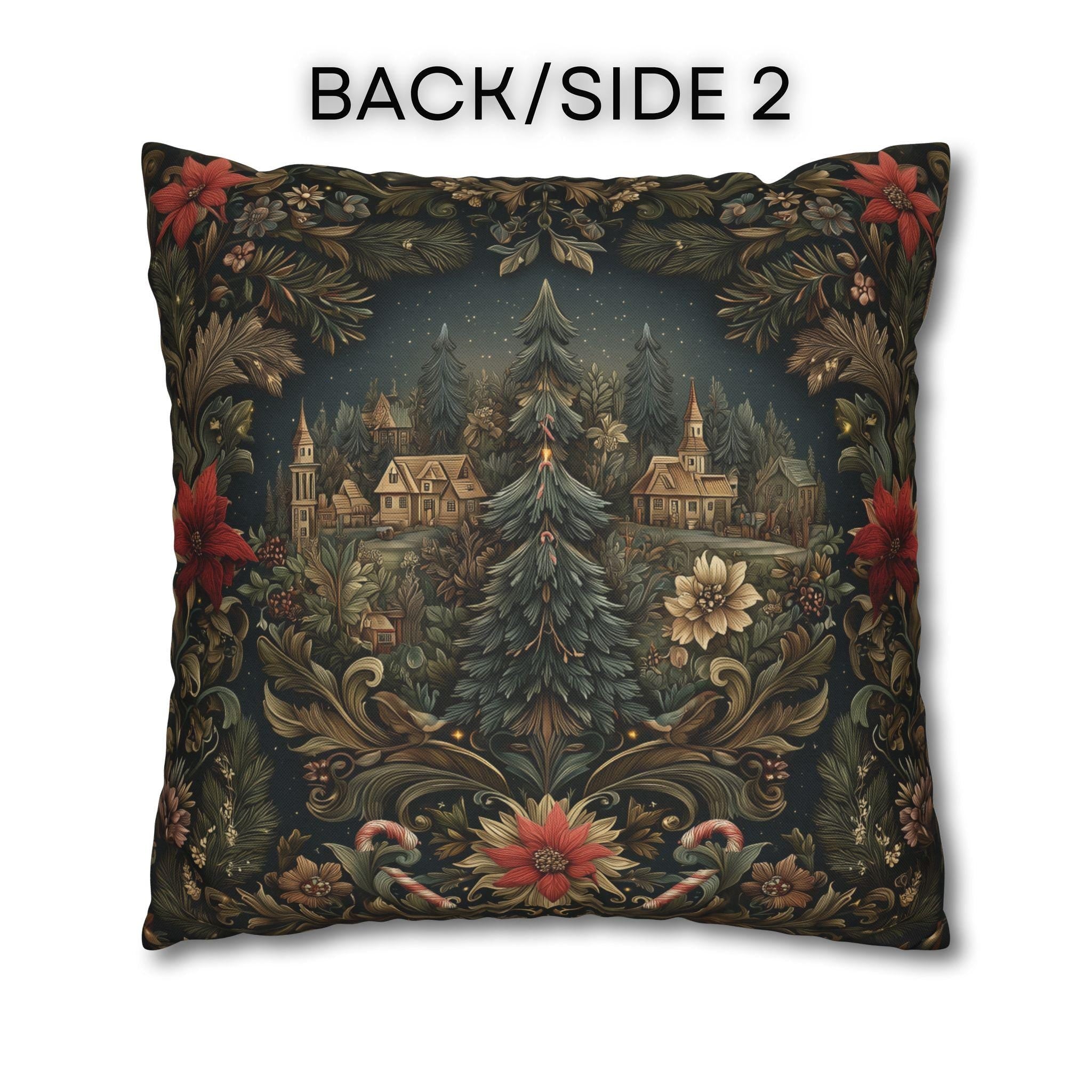 Storybook Village Christmas Pillow Cover: William Morris Style, Pine Green and Crimson Florals