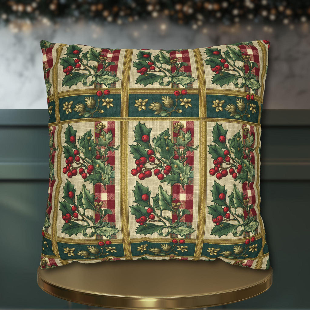 Gingham & Holly Christmas Pillow Cover:  Classic Vintage Holiday Style with Stripes