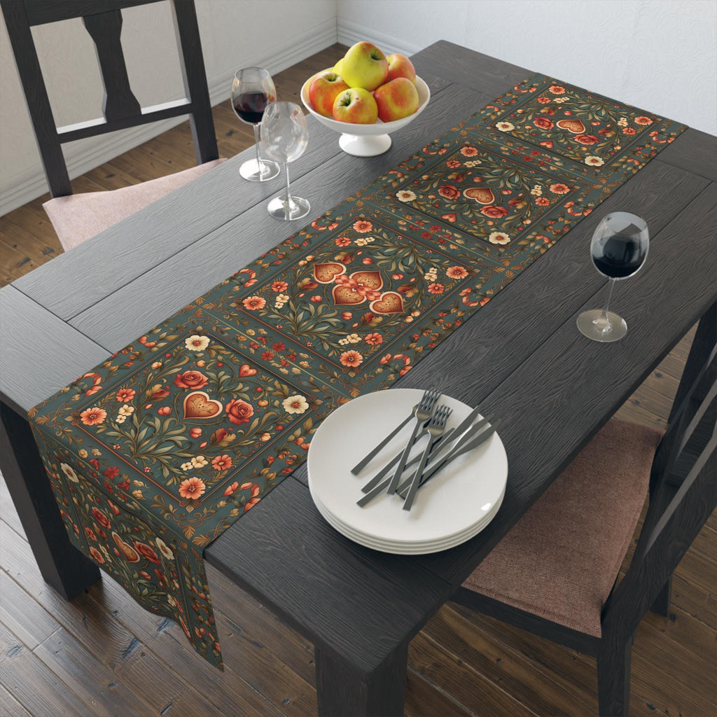 William Morris Inspired Hearts & Flowers Table Runner: Romantic Botanical Valentine's Day Decor