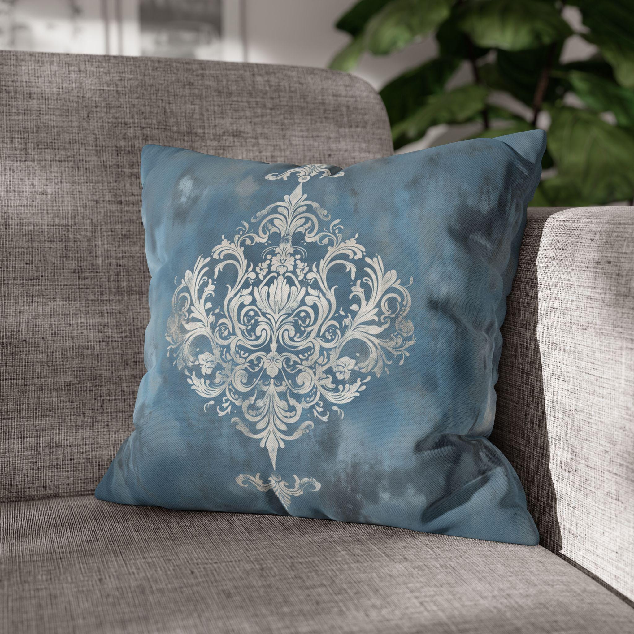 Silvery White Damask Pillow Cover: Blue-Gray Vintage Accent
