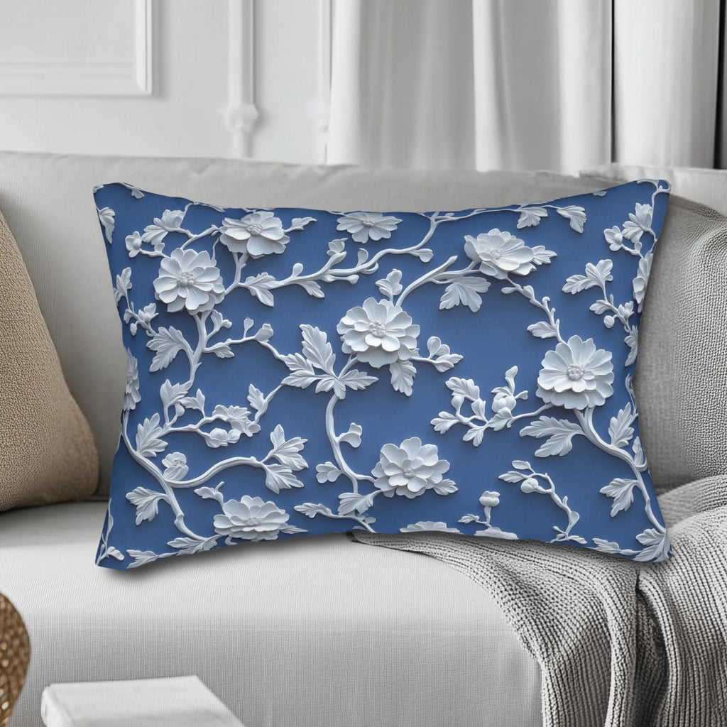 Chinoiserie Lumbar Pillow: Blue and White Floral Home Accent