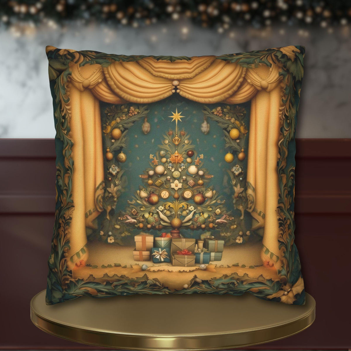Vintage Art Nouveau Christmas Pillow Cover: Theatrical Tree, Golden Curtains, and Wrapped Gifts