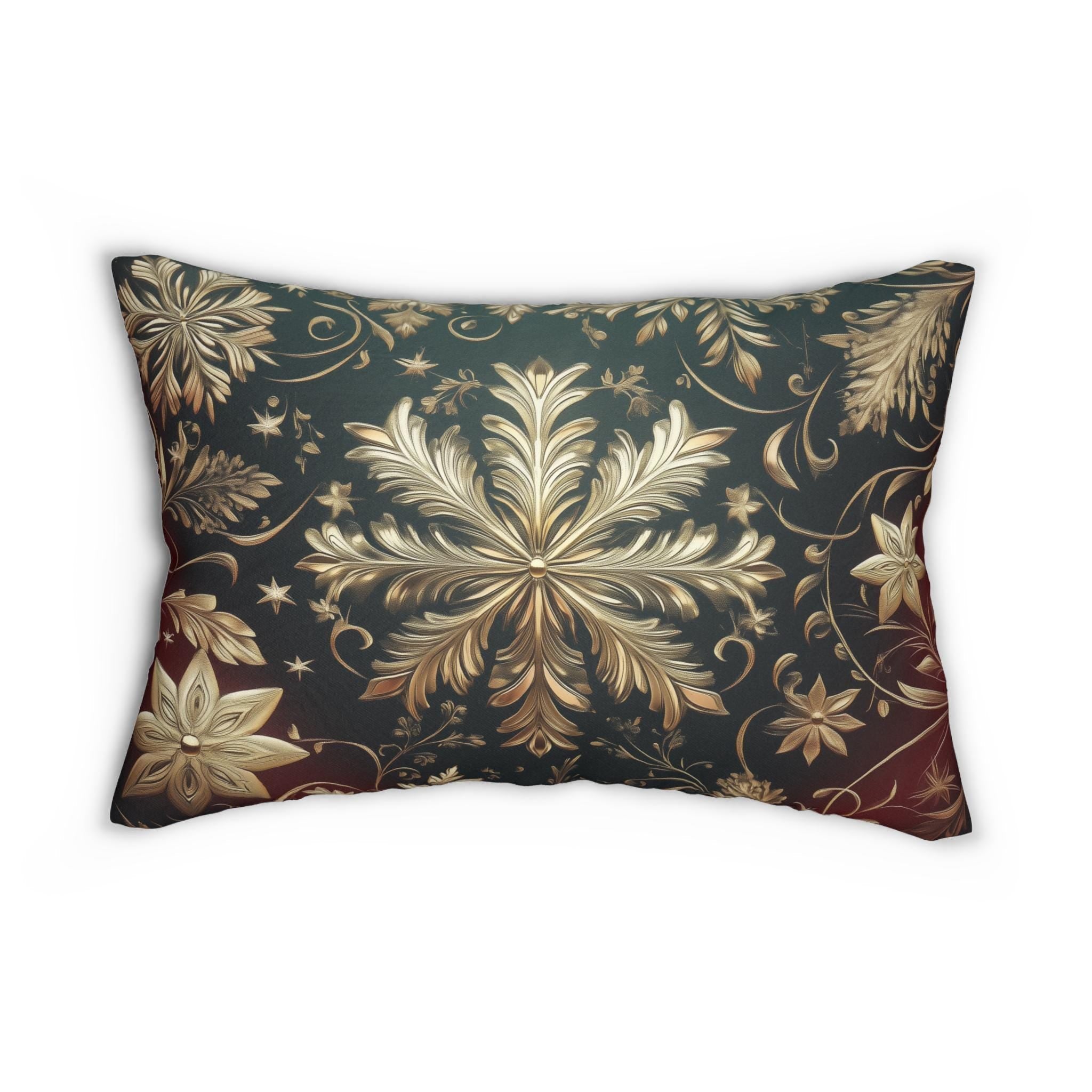Snowflake Christmas  Lumbar Pillow, Burgundy & Green Ornate Design Lumbar Cushion