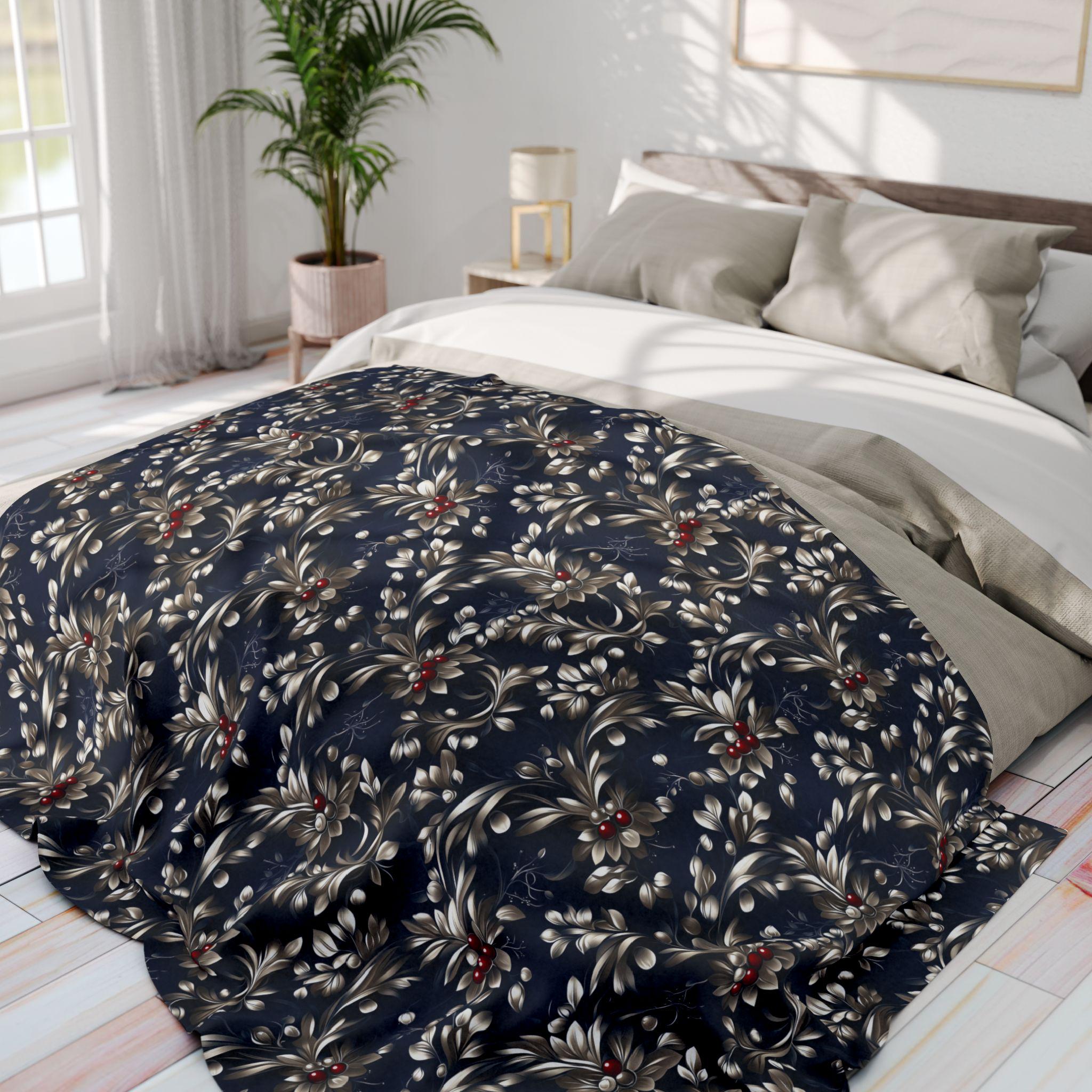 Blue & Silver Holly Fleece Blanket: Festive Christmas Decor