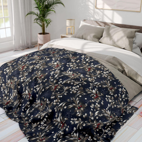 Blue & Silver Holly Fleece Blanket: Festive Christmas Decor