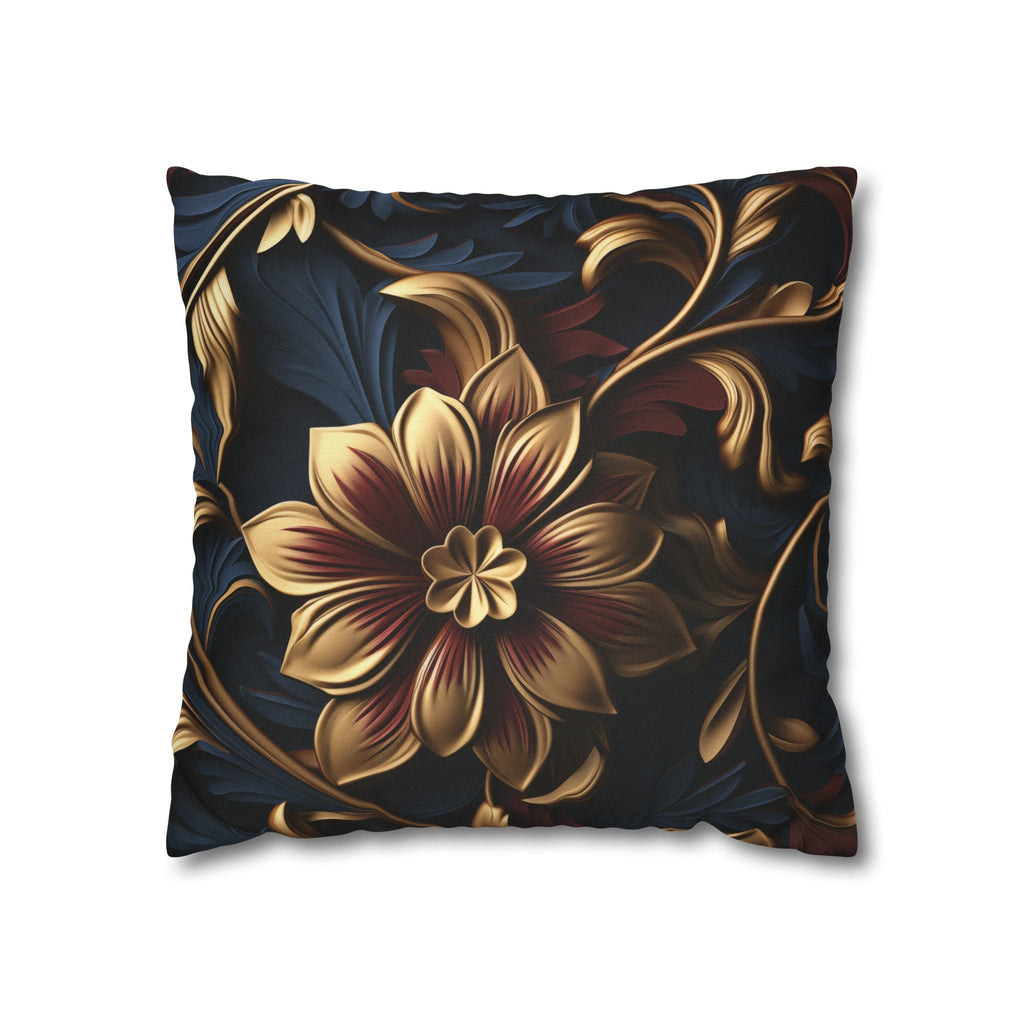 Luxurious Baroque Floral Pillow Cover: Burgundy & Gold on Navy Background, Ornate Design