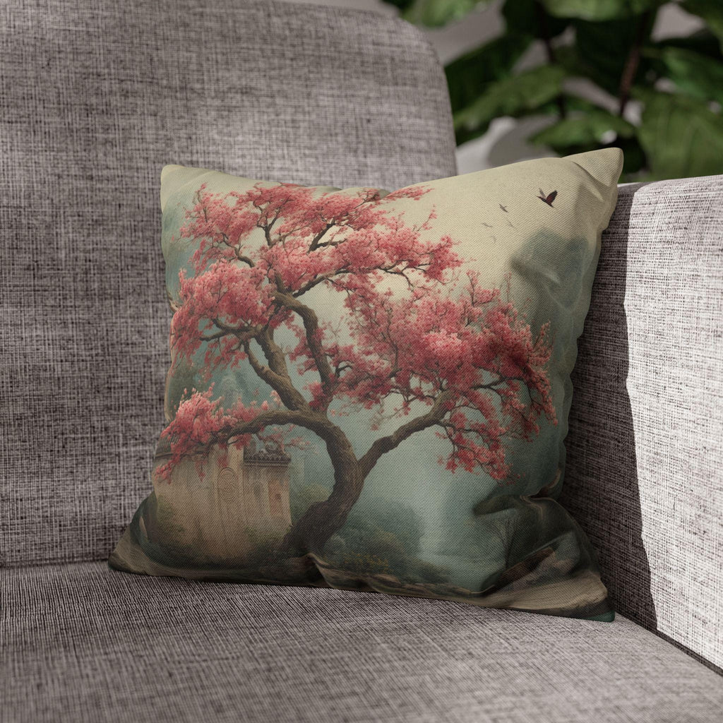 Chinoiserie Watercolor Pillow Cover: Pink Blossom Tree with Misty Temple Landscape Scene