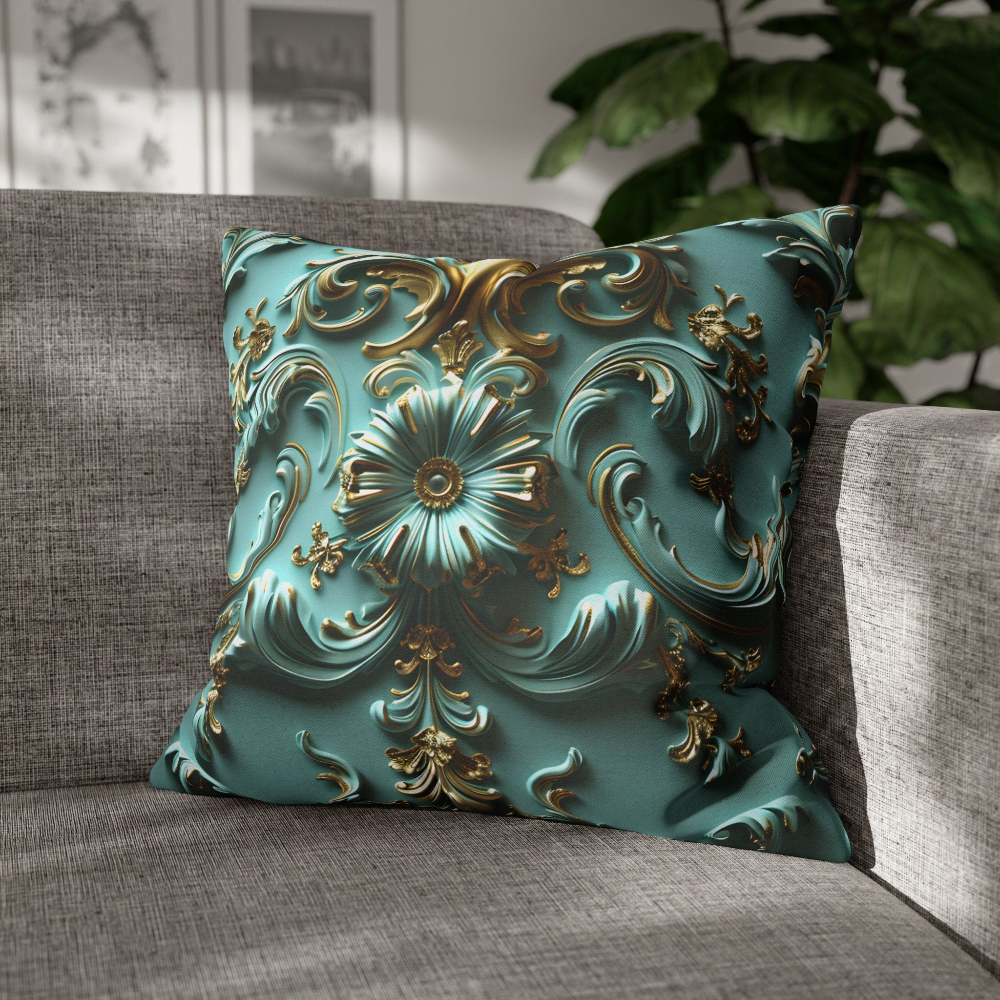 Luxurious Baroque Teal & Gold Floral Throw Pillow Cover | Elegant Scrollwork Design for Dramatic Decor