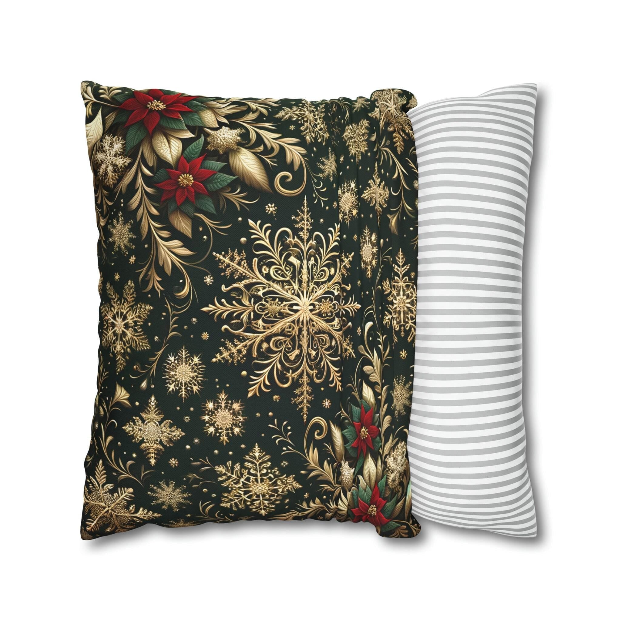 Poinsettia Christmas Holiday Throw Pillow Cover: Golden Snowflakes and Emerald Elegance Decorative Case