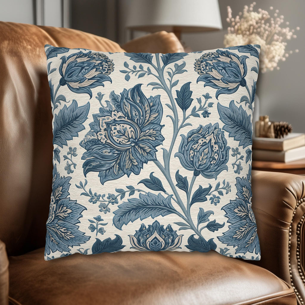 Blue Country Farmhouse Pillow Cover: William Morris Inspired Toile Floral Accent