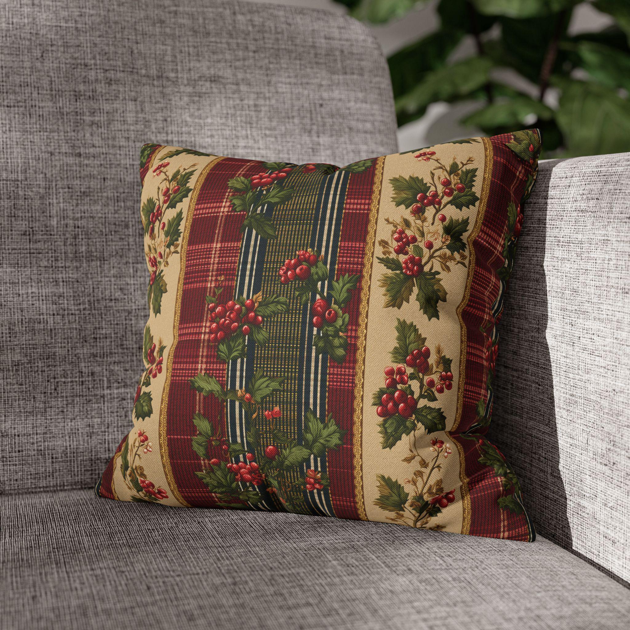 Christmas Pillow Cover: Classic Vintage Style Holly & Tartan Plaid in Red Green and Cream