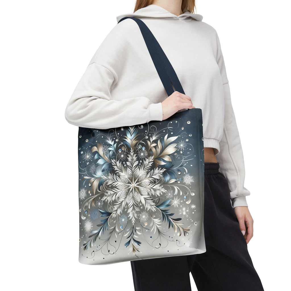 Elegant Snowflake Tote Bag, Silver & Blue Polyester Canvas
