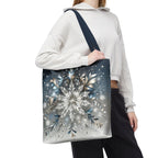 Elegant Snowflake Tote Bag, Silver & Blue Polyester Canvas