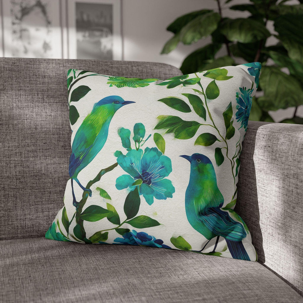 Chinoiserie Bird Pillow Cover: Teal Green Watercolor Floral Cushion