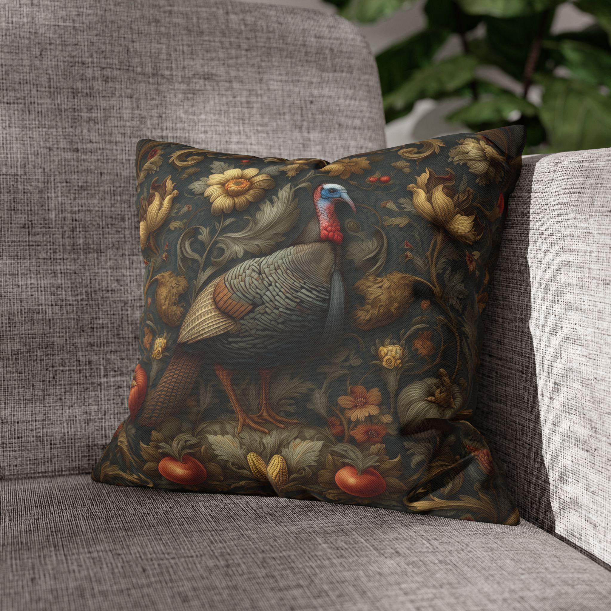 William Morris Wild Turkey Tapestry Pillow Cover: Autumn Harvest Thanksgiving Decor