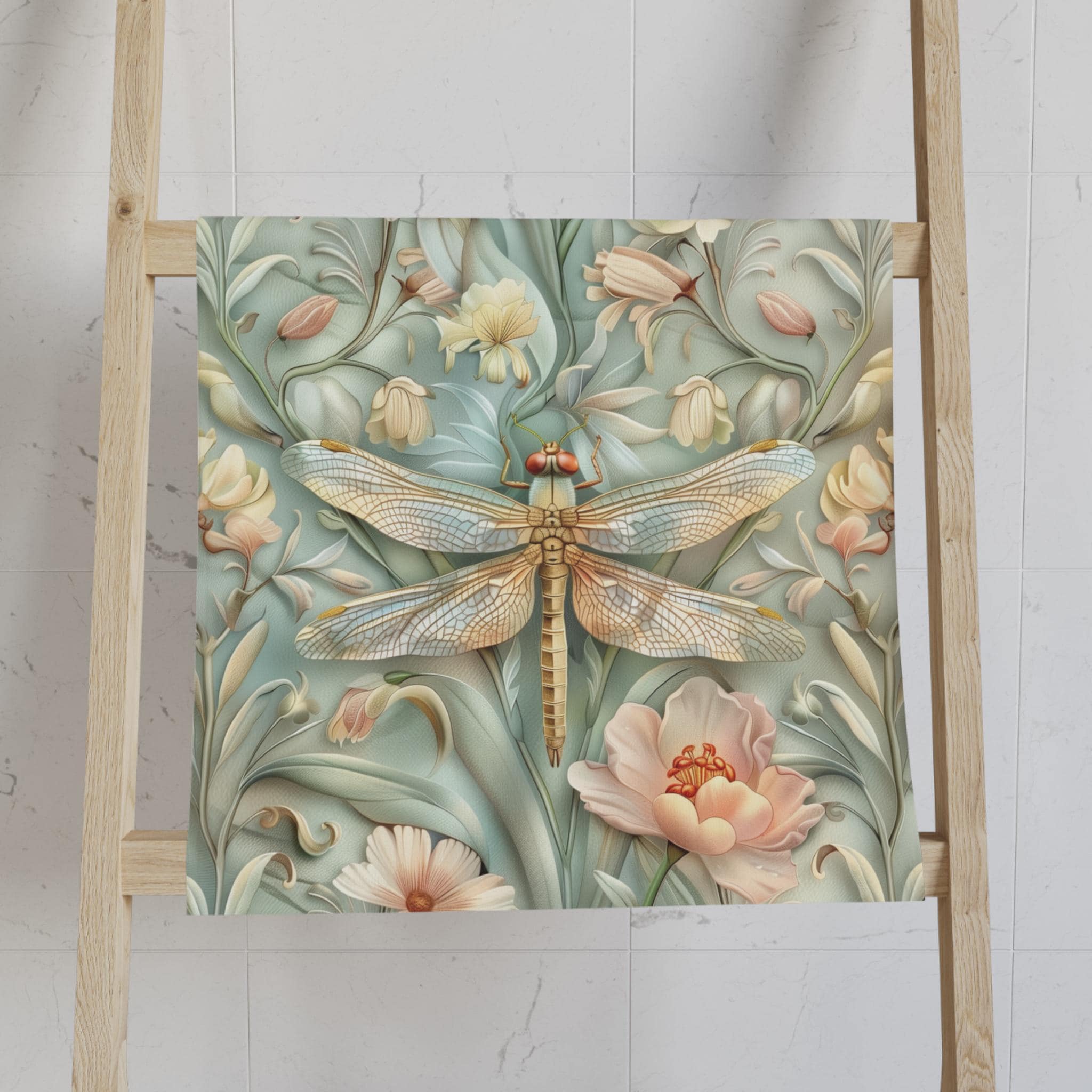 William Morris Dragonfly Hand Towel: Blue, Gold Wings Pink, Cream Flowers Elegant Nature Design