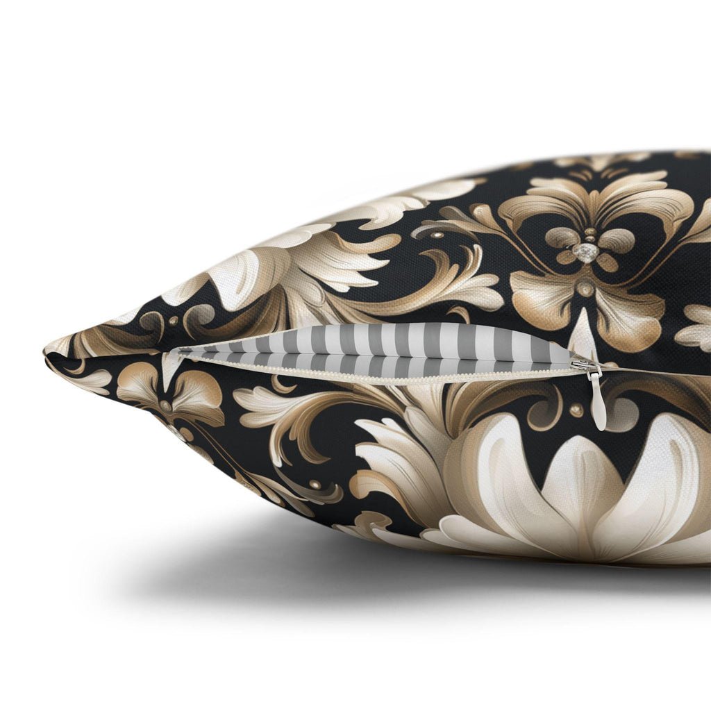 Floral Damask Pillow Cover, Ivory Champagne Gold on Black