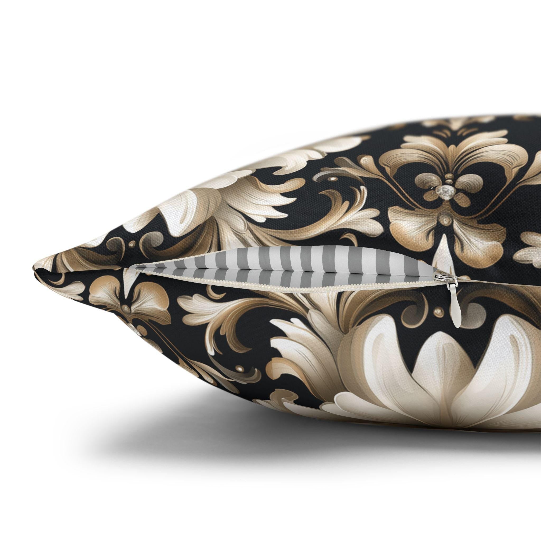 Floral Damask Pillow Cover, Ivory Champagne Gold on Black