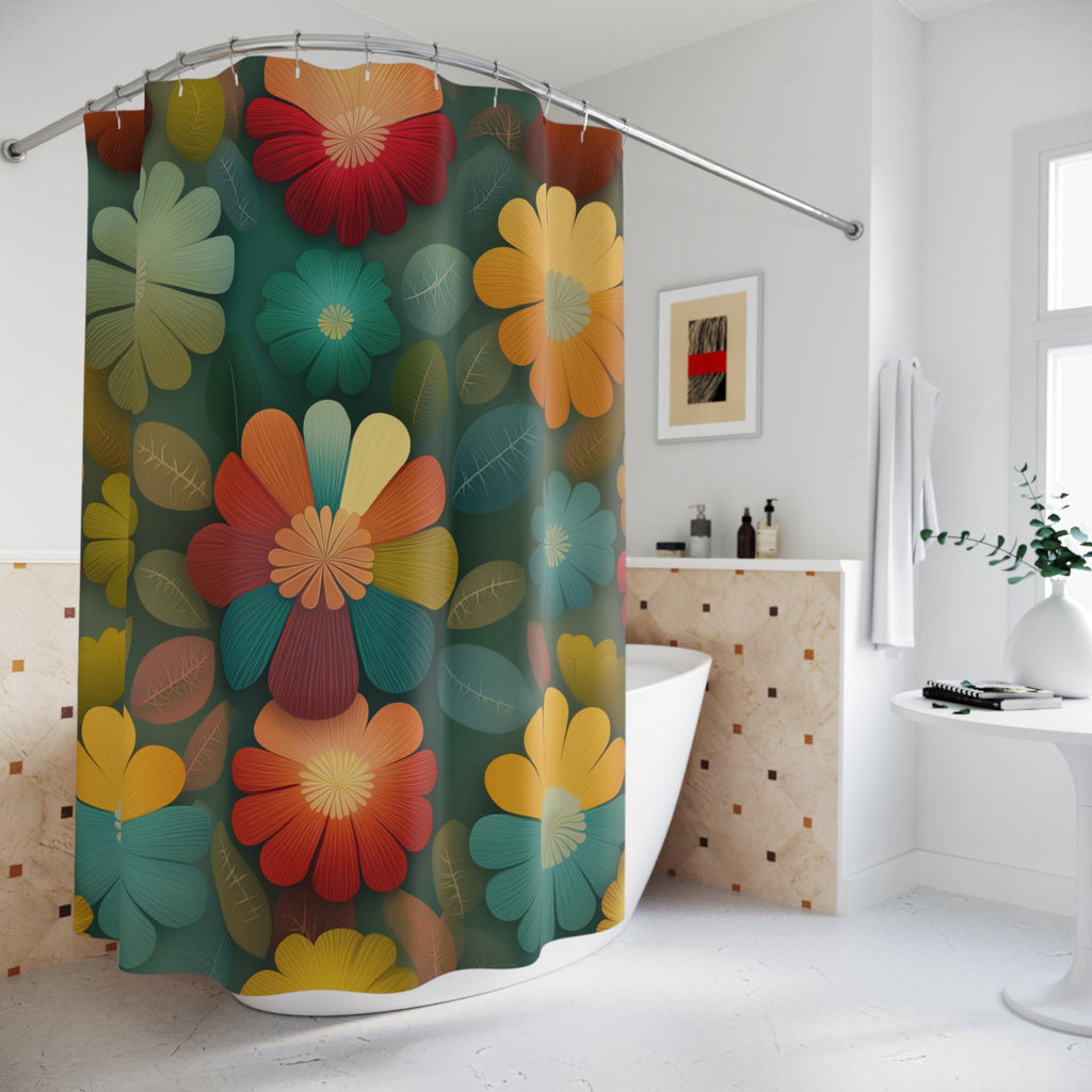 Retro Botanical Shower Curtain: Boho Floral Fabric in Teal, Mustard, and Terracotta