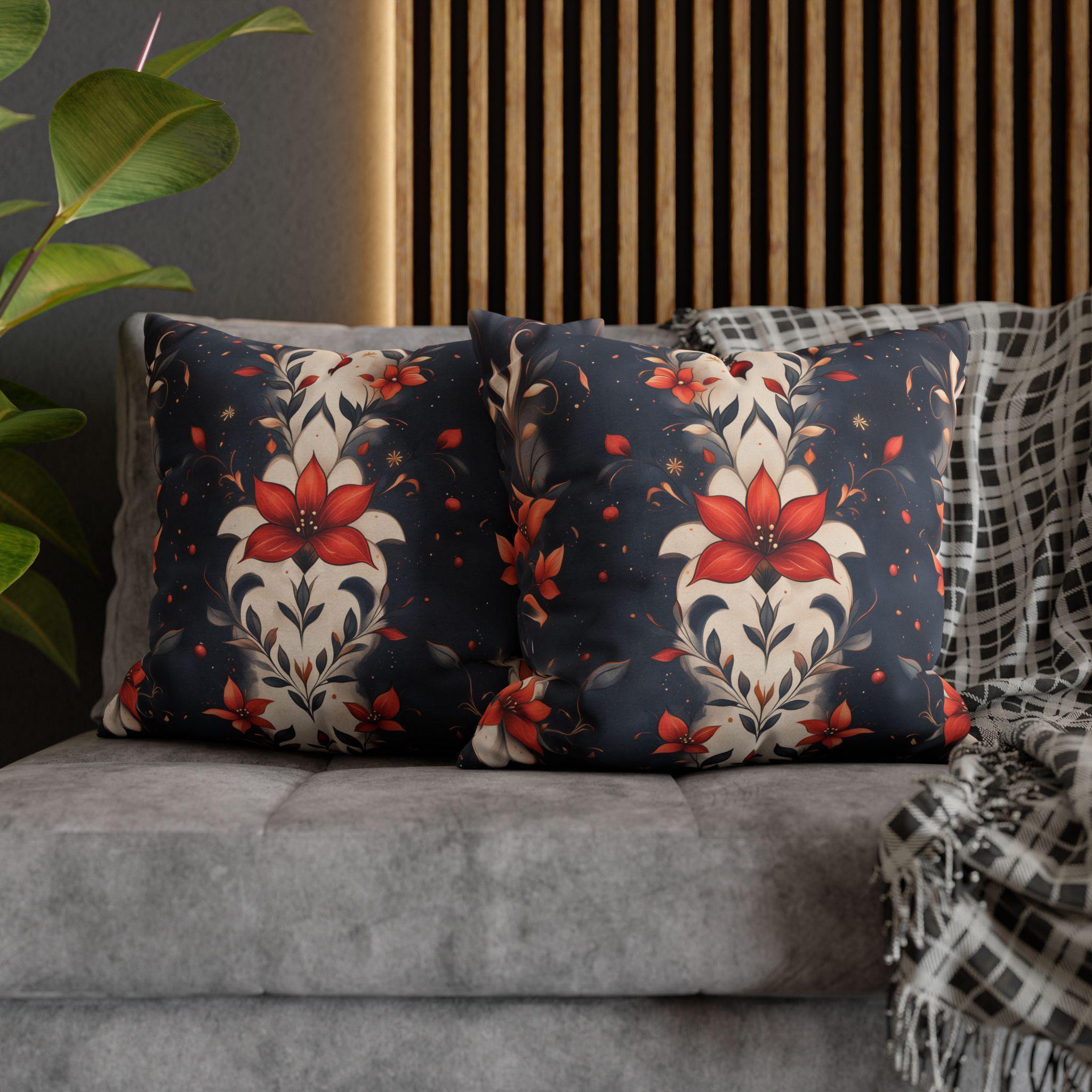 Fleur de Lis Poinsettia Pillow Cover, Holiday Floral on Navy