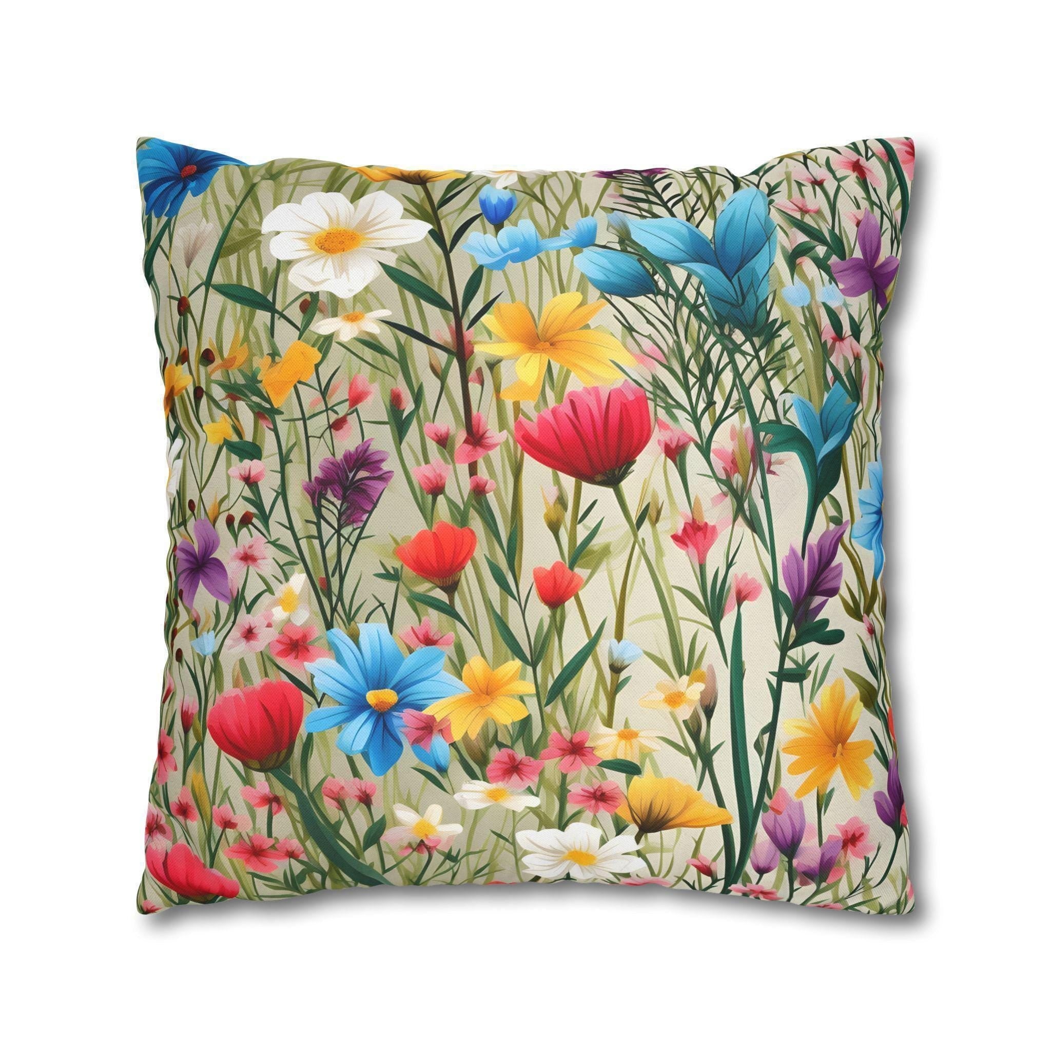 Wildflower Meadow Throw Pillow: Cottagecore Floral Cushion, Soft Spun Polyester