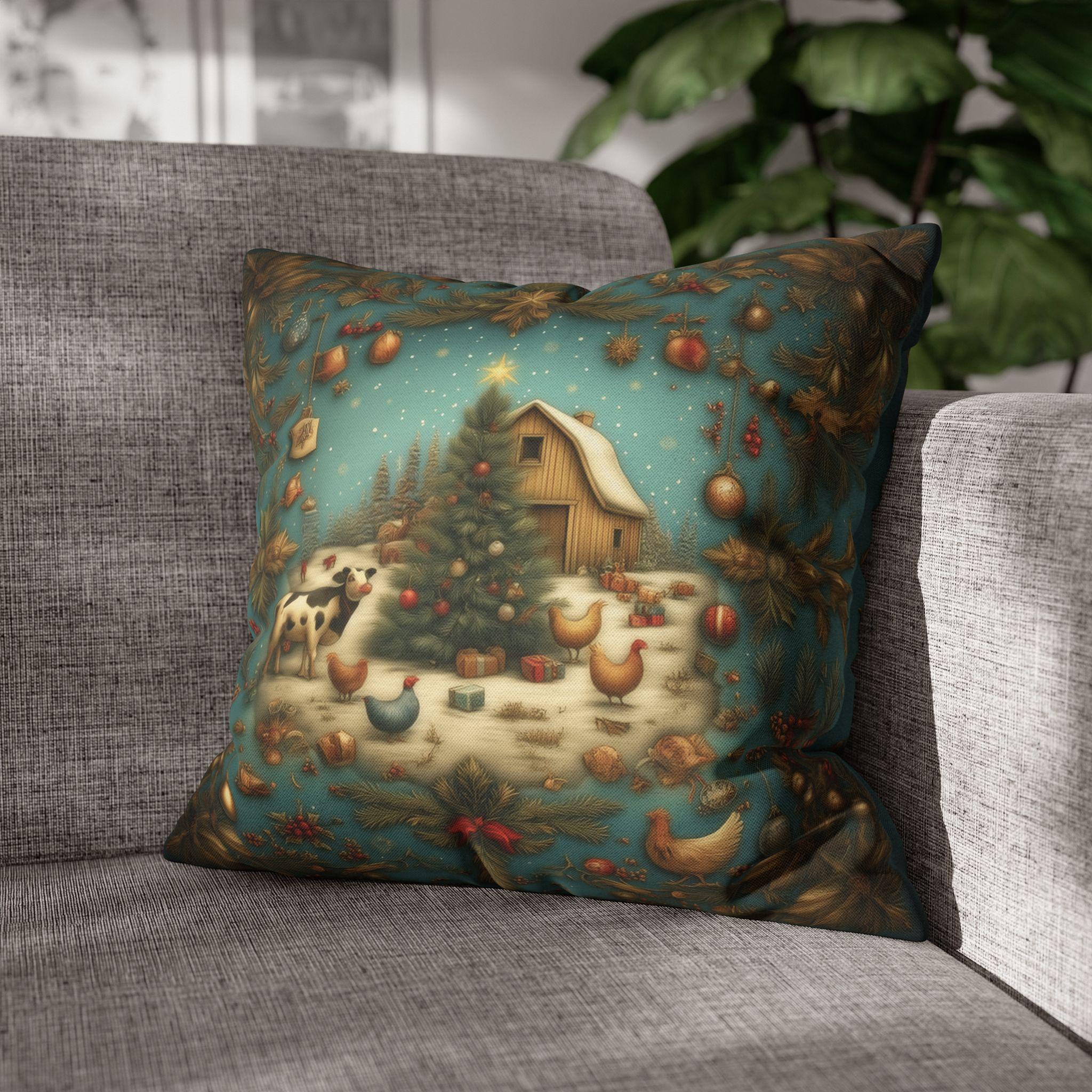Country Christmas Farmhouse Pillow Cover: Barnyard Holiday Scene