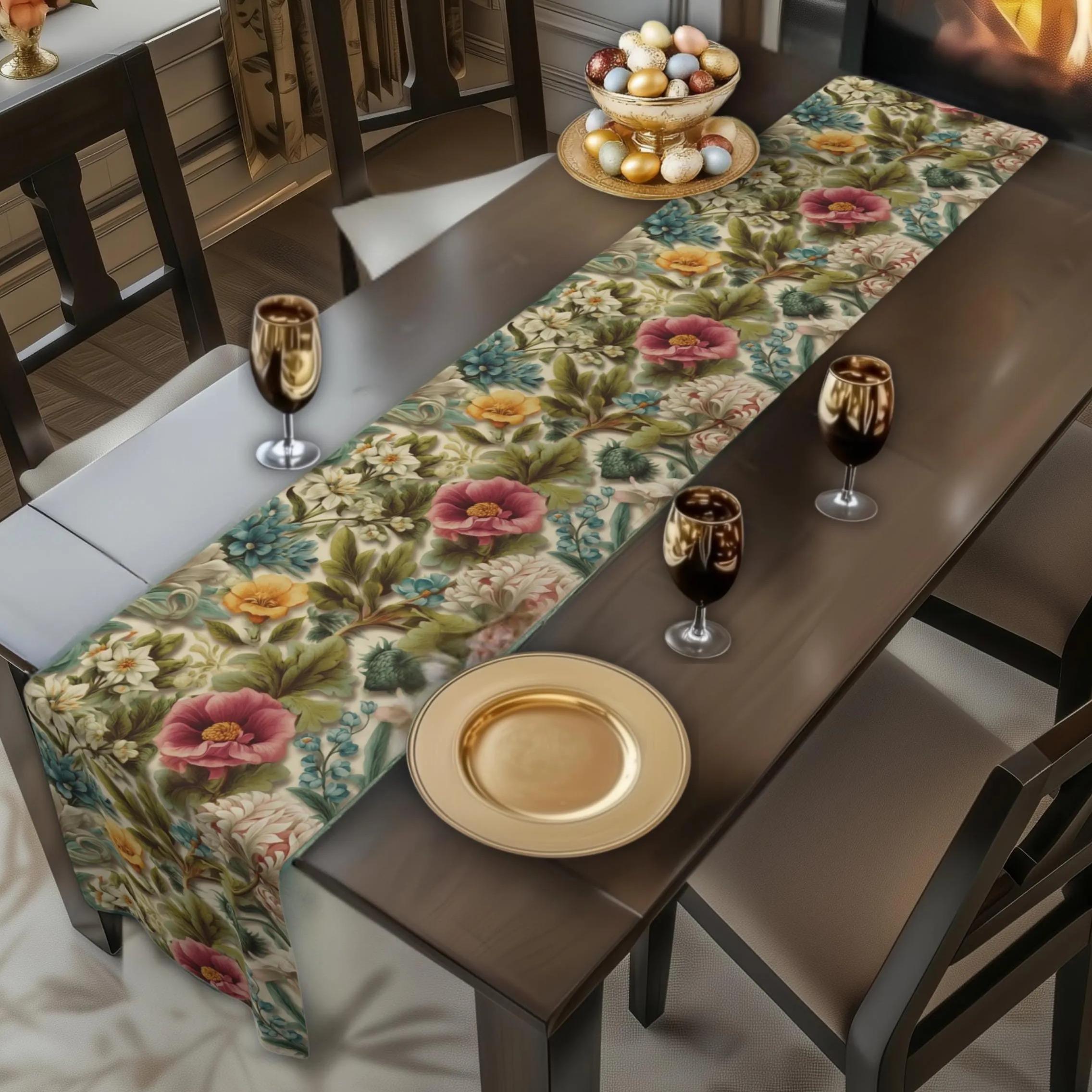 Watercolor Pastel Floral Table Runner:  Botanical Spring Garden Sage Pink Blue