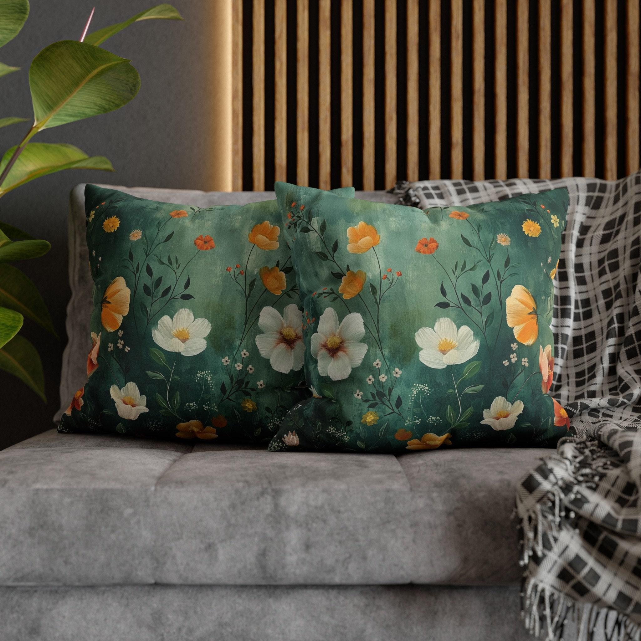Botanical Pillow Cover: Emerald Green Garden Cottagecore Cushion