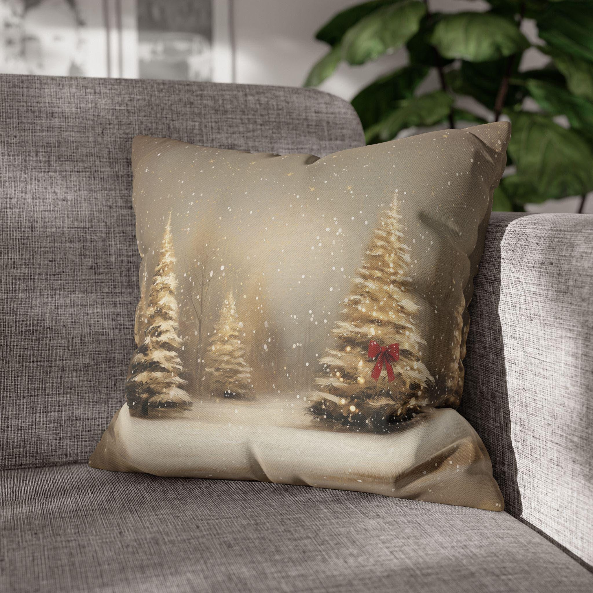 Snowy Golden Christmas Pillow Cover: Flocked Pine Tree Illustration on Square Cushion Case