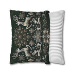 Elegant Emerald Green Throw Pillow Cover with Intricate Snowflakes and Reindeer Design
