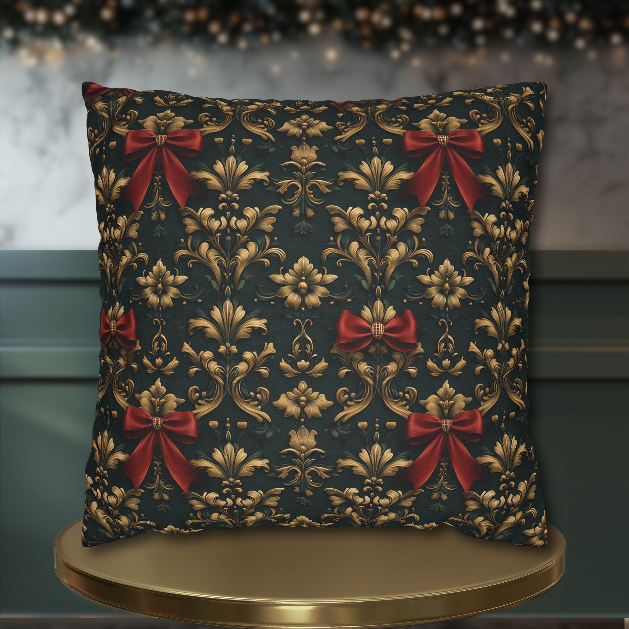 Gold Damask Christmas Pillow Cover with Printed Red Bow: Holiday Decor