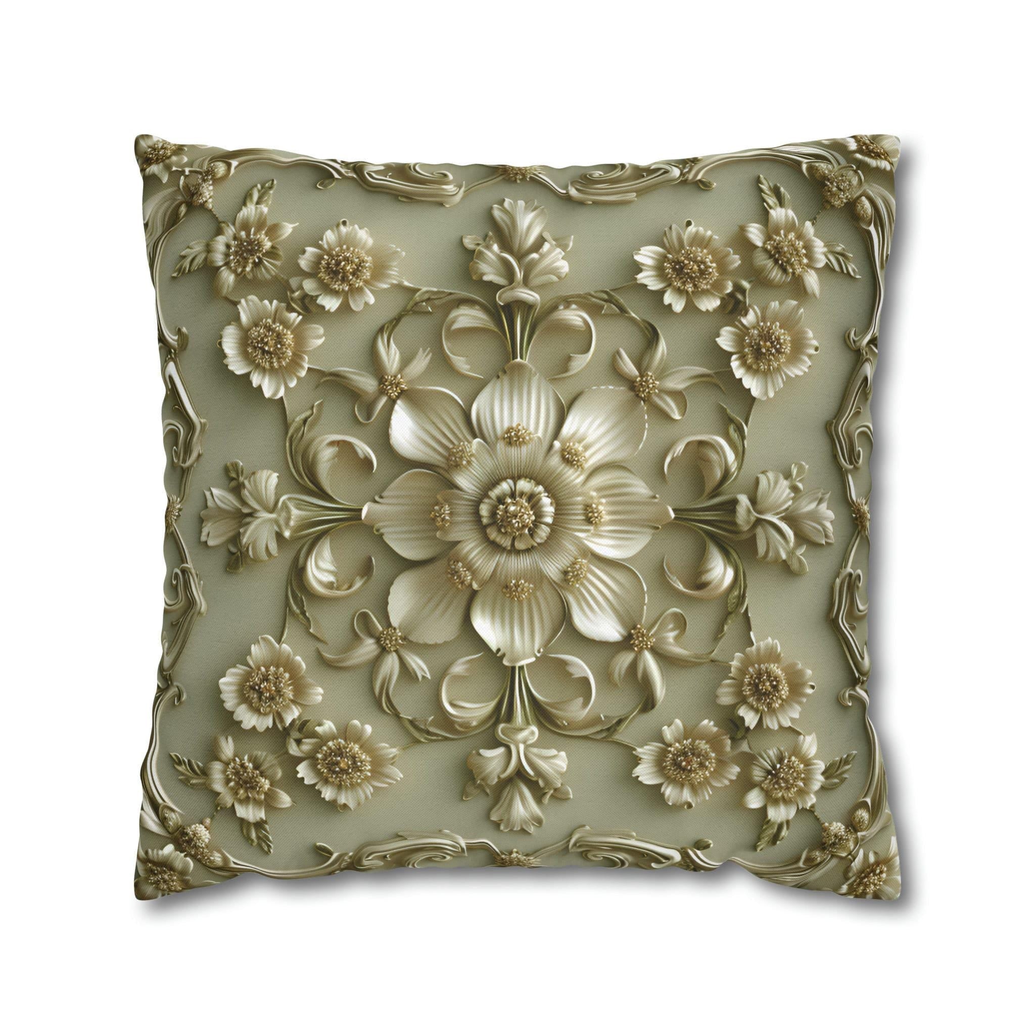 French Floral Pillow Cover: Sage Green & Gold Bloom Cushion