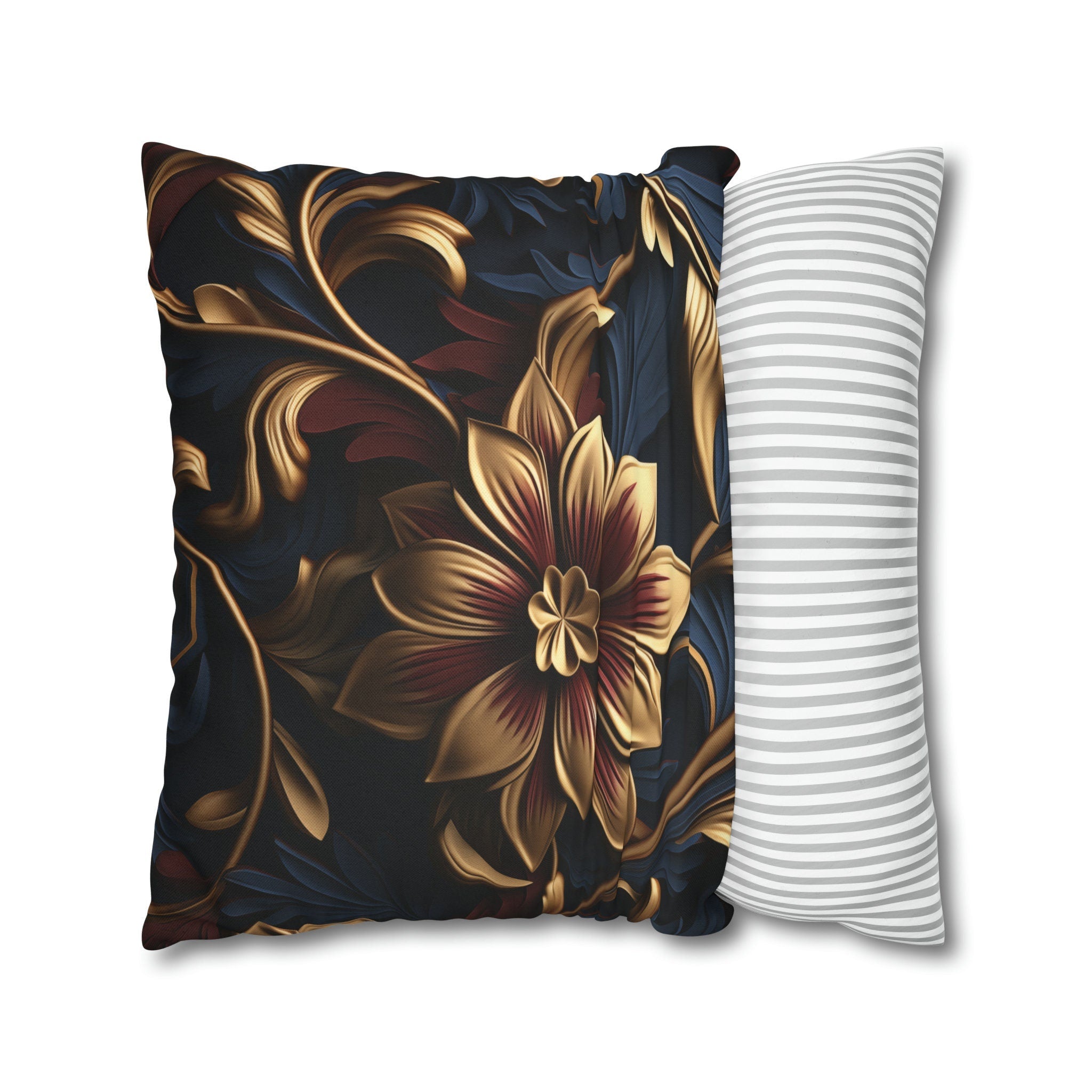 Luxurious Baroque Floral Pillow Cover: Burgundy & Gold on Navy Background, Ornate Design
