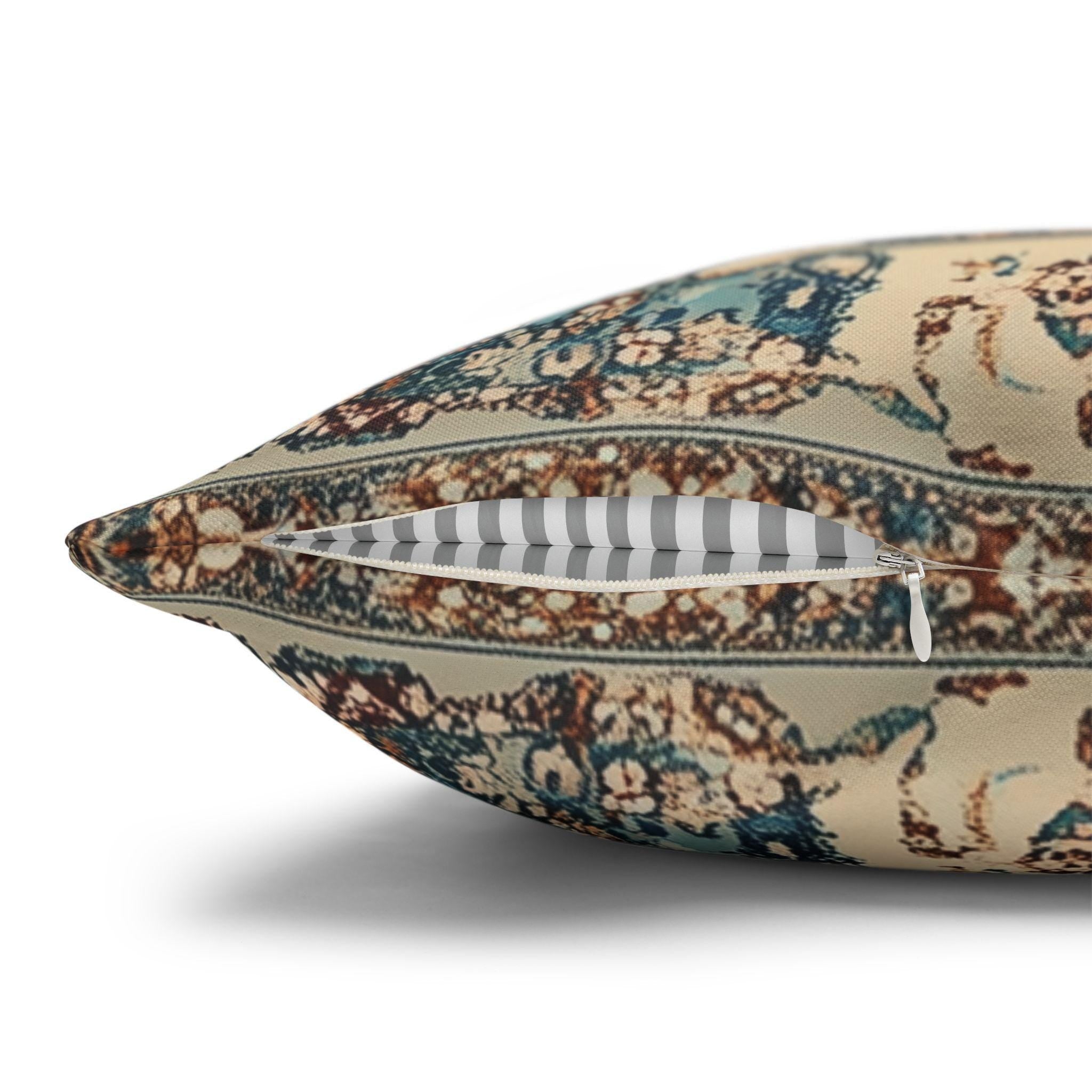 Teal and Ivory Persian-Inspired Pillow Cover: Vintage Carpet Look with Ornate Medallion Design