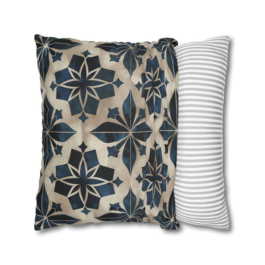 Moroccan Tile Pattern Square Pillowcase, Navy Blue Beige Geometric Design Decorative Cushion Cover